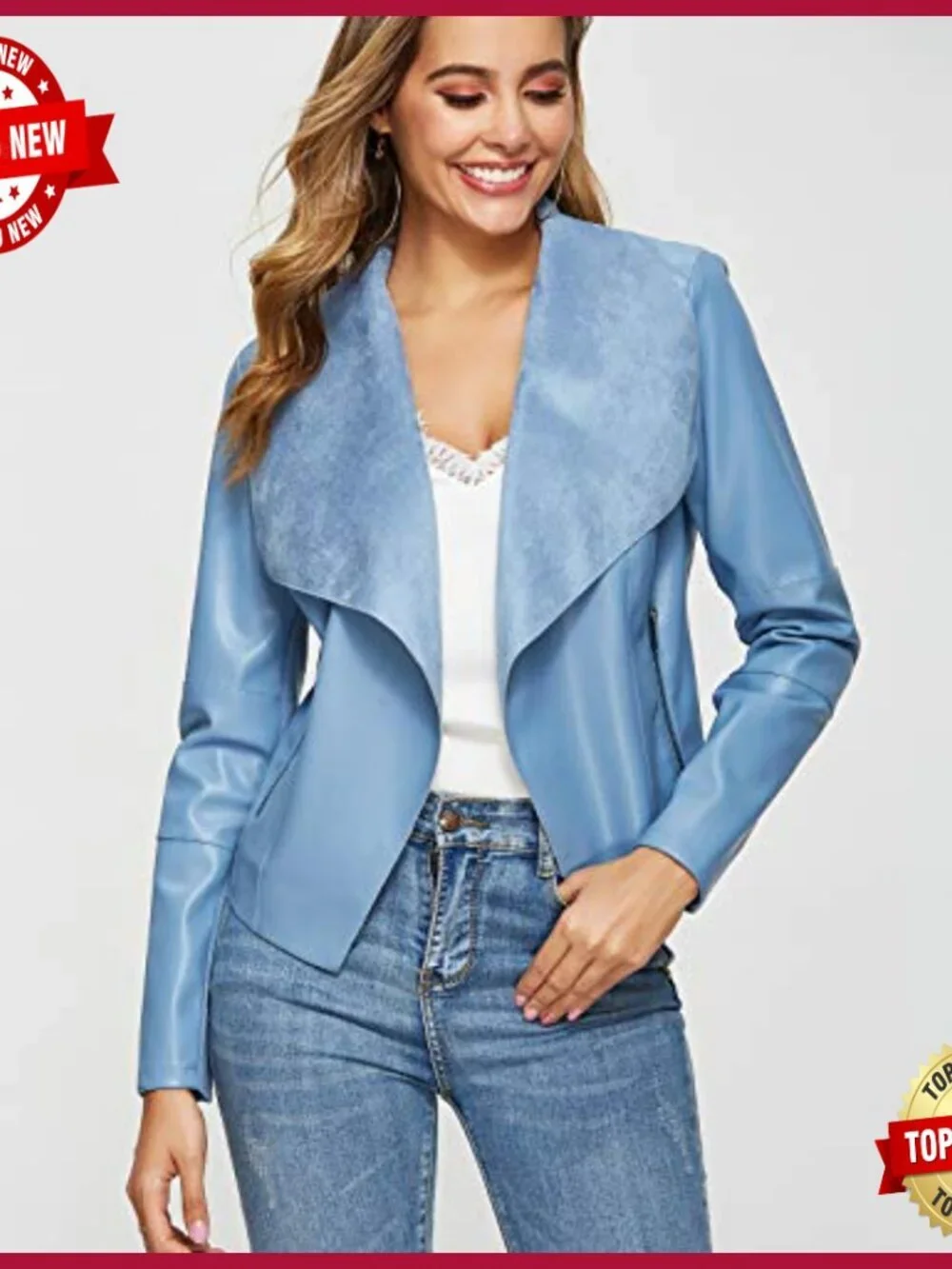Faux Leather Blazer Jacket Slim Fit Open Front Lapel